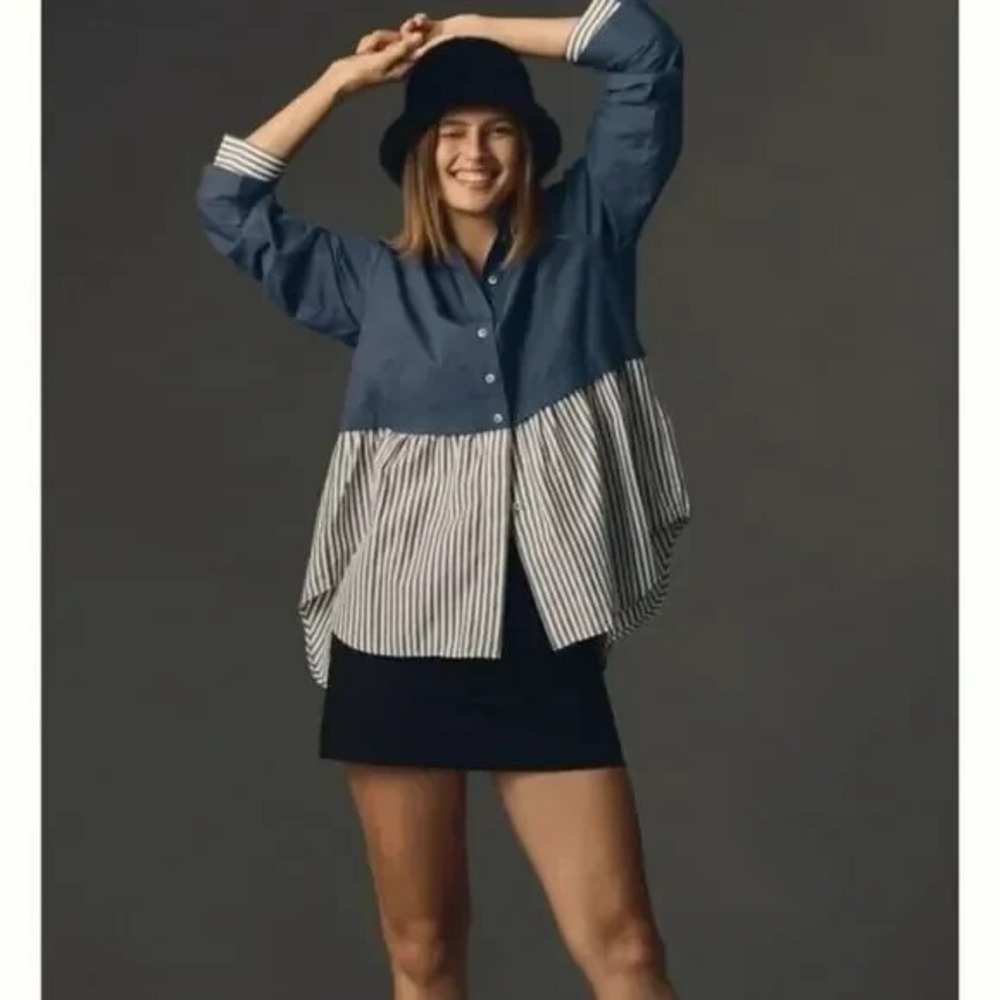 Anthropologie Top Womens S‎ Peplum Striped Career Coastal Oversized Relaxed